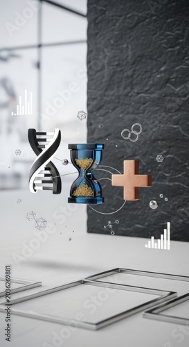 Conceptual Still Life of Longevity Science Metrics with Floating Basalt DNA, Blue Resin Hourglass, and Copper Plus Icons with Copy Space