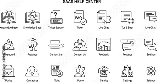 SaaS help center customer support knowledge base FAQ live chat contact feedback settings editable stroke outline vector icon set