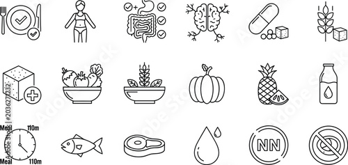 Foto Healthy nutrition icon set illustration, diet wellness and medical food symbols,