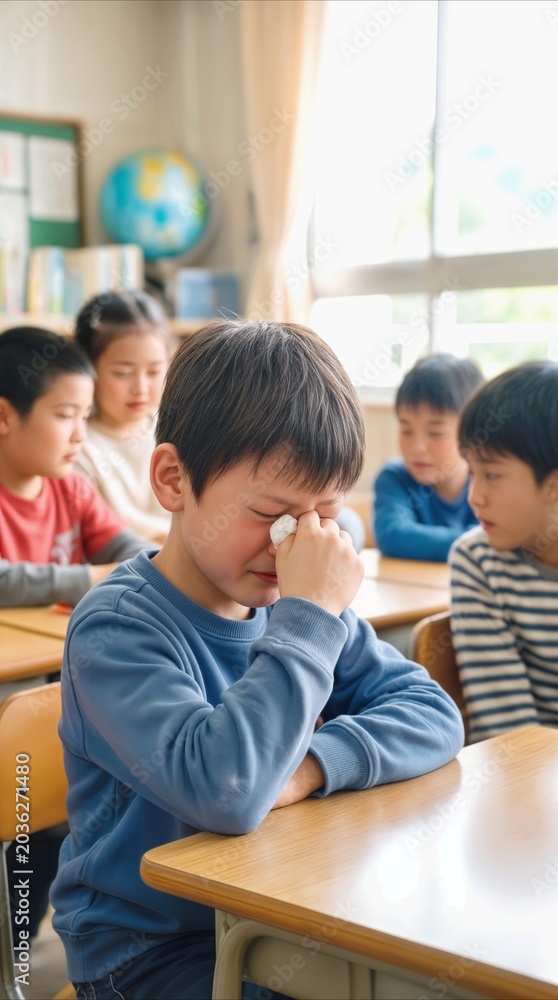 Obraz premium Crying preteen boy sitting at desk in classroom while classmates watch. Emotional distress and social interaction in school setting.