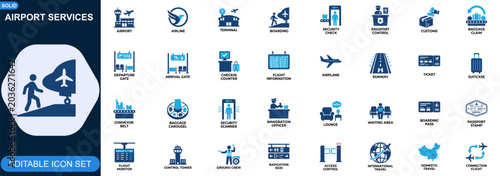 Airport services and airline terminal icon set. Boarding, security check, passport control, customs, baggage claim, departure gate, flight information. Editable icons collection. Vector.
