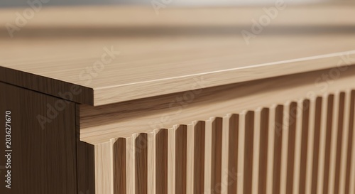 A modern furniture design featuring custom builtins with vertical wood slat details and clean lines in a contemporary minimalist interior home setting