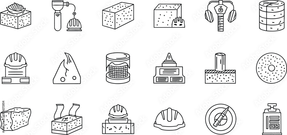 Fototapeta premium Collection of construction and masonry icons including tools and safety equipment