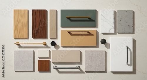 A professional interior design mood board featuring a collection of material samples and hardware selections for custom builtins and cabinet projects