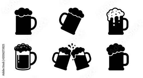 Beer mug icon set, black ale glass silhouettes, 6 brewery vector symbols