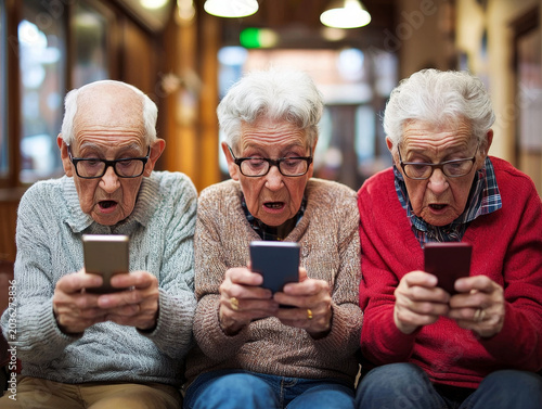 Three surprised senior citizens wearing glasses looking at their smartphones with shocked expression