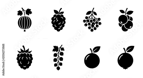 Foto Black berry icons set, 8 garden fruit vector silhouettes, organic food signs