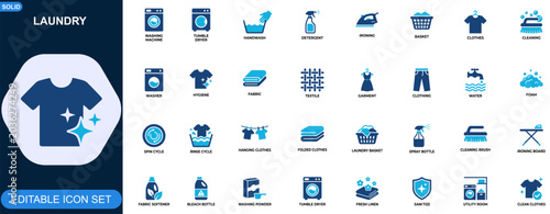 Valokuva Laundry and clothes care icon set for household washing equipment and fabric maintenance