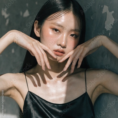 A beautiful young Asian woman with glowing skin and long black hair poses for a beauty portrait while sharp shadows of window blinds are cast across her body