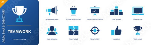 Canvastavla Teamwork icon set containing megaphone, podium, project presentation, team blocks, team laptop, team members, team puzzle, team target, trophy cup and more, solid fill vector icons