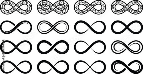 Photos Infinity symbol icon set, black and white endless loop designs, minimalist abstr