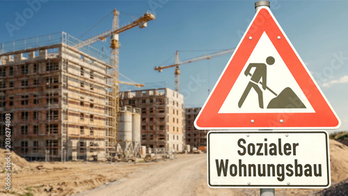 Schild „Sozialer Wohnungsbau“ mit Baustelle im Hintergrund