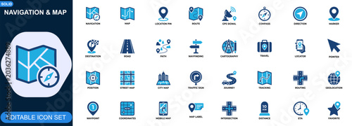 Fotografie Navigation and map location icon set for digital wayfinding and travel interfaces
