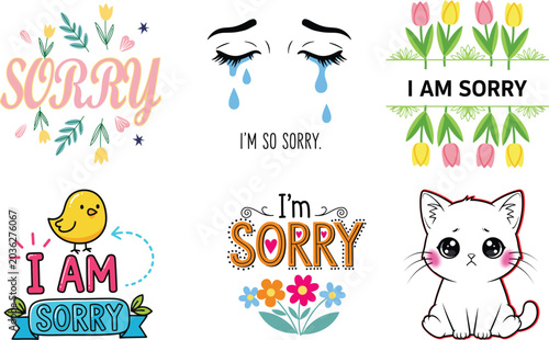Tableau sur toile Set of Apology Graphics: A collection of charming illustrations featuring apologies, including tearful eyes, a sad cat, and cheerful text with floral accents, conveying feelings of regret and remorse