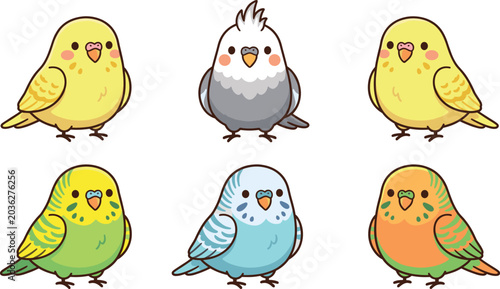 Bild auf Leinwand Parrot vector icon set with cute budgie cockatiel bird flat color illustrations