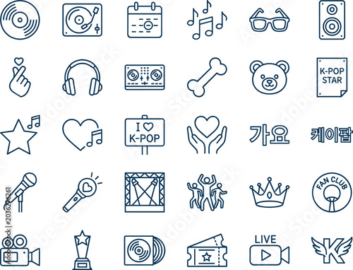 K-pop and Korean pop music line icon set with idols, fans, concerts, music symbols, media, awards, and fandom elements