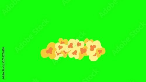 Fluffy popcorn cluster in buttery yellow and warm orange hues gently bouncing and jiggling. Isolated on vivid green screen, seamless looping animation, crisp flat vector style.