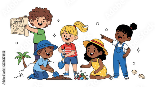 Slika na platnu Children Digging for Treasure: A group of diverse children are engrossed in a treasure hunt, with one child holding a treasure map and others digging for gems and artifacts