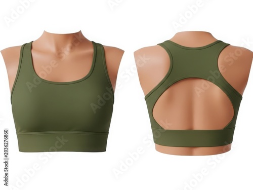 A pair of olive green sports bras with unique cutouts and detailing on display.