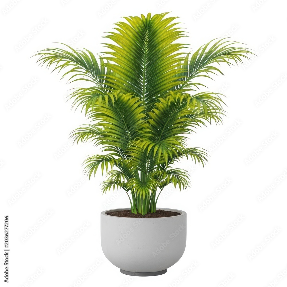 Obraz premium A tall green palm plant in a white pot on a white background