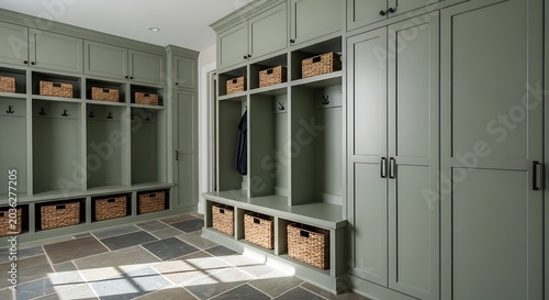 Elegant sage green custom builtins featuring organized mudroom storage with wicker baskets and stone flooring in a modern high-end residential interior