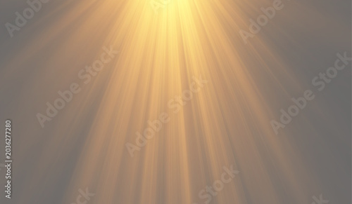 Fotografie Bright golden sunburst light flare from top with volumetric sunbeams, abstract d