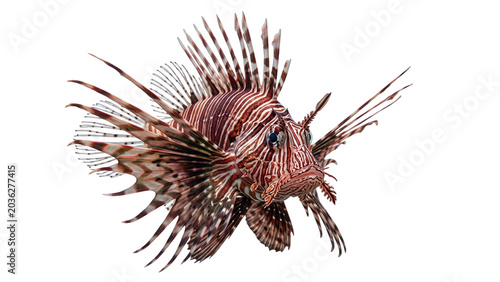 Foto Lionfish with distinctive striped pattern and extended fins isolated on transpar