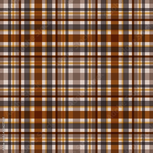 A seamless vector pattern of classic tartan plaid in warm shades of brown, beige, tan, and cream