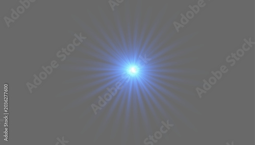 Gentle minimalist blue star flare with soft glowing rays, abstract delicate small sunburst light effect on gray background