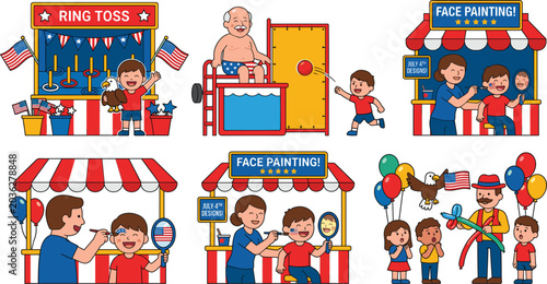 American County Fair Carnival Set, Patriotic Summer Festival Icons, Ring Toss and Face Painting Vector