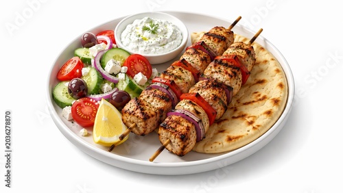 Gourmet souvlaki skewers isometric 3D illustration, premium isolated food render on white background for corporate presentation design menu