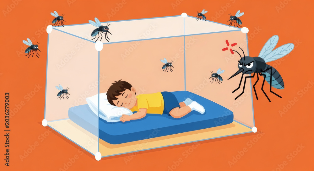 Obraz premium Child sleeping safely under mosquito net protection from insects