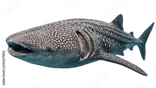 Canvas Print Whale shark swimming with open mouth and spotted skin on transparent background