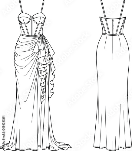 Foto Technical fashion flat sketch of an elegant evening gown featuring a corset bodi
