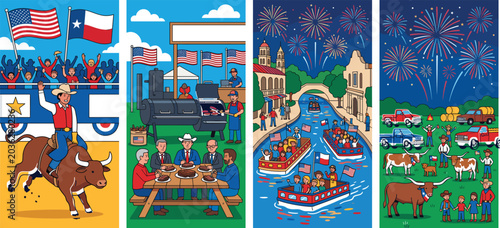 Texas culture vector illustrations, rodeo bull riding and BBQ cookout, San Antonio river walk and fireworks