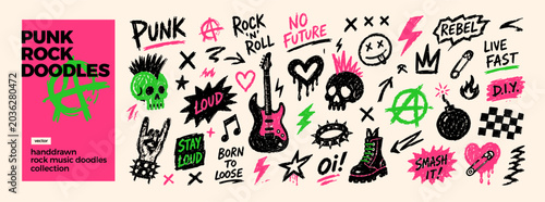 фотографія A collection of punk rock doodle illustrations featuring iconic symbols like skulls, guitars, lightning bolts, and slogans