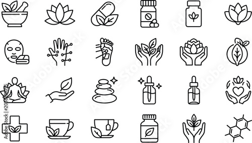 Ayurveda holistic wellness line icon set with mortar pestle lotus flower acupuncture herbal medicine alternative therapy massage drops and spa elements vector illustration collection