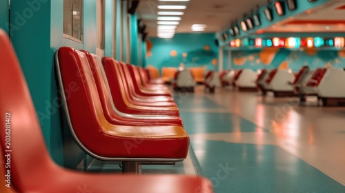 Empty red seating row in a retro bowling alley interior with colorful lights for sport venue background and poster design