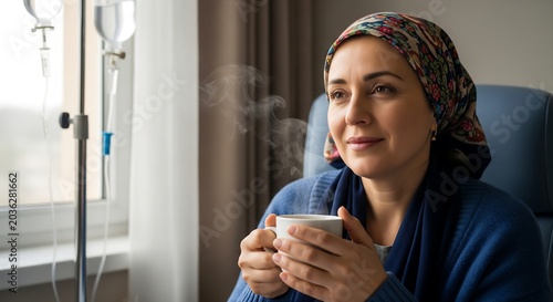 A woman undergoing chemotherapy treatment, wearing a headscarf and holding a warm cup of tea, looking out a window.