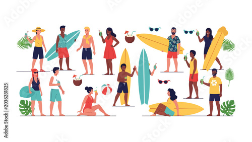 Foto Surfer's Paradise: A vibrant illustration capturing the essence of summer fun, featuring a diverse group of people enjoying a beach day with surfboards, tropical drinks, and sunglasses