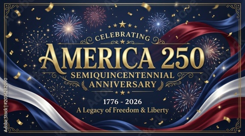 Celebrating America's 250th Semiquincentennial Anniversary 1776-2026. A grand patriotic event with fireworks, US flag ribbons, and golden text.