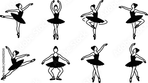 Canvas-taulu set of black silhouette ballerina dancers in various poses on white background
