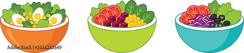 Photos Cute cartoon healthy fresh salad bowls set with organic vegetables lettuce tomat
