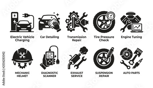 Automotive repair and maintenance service icons for car workshop and garage tools. Vector illustration