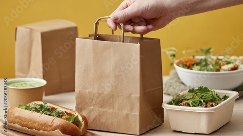 Eco-friendly takeout: hand picking up brown paper bag with healthy meals in biodegradable containers