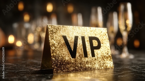 golden vip sign on a table in a restaurant decorated with lights