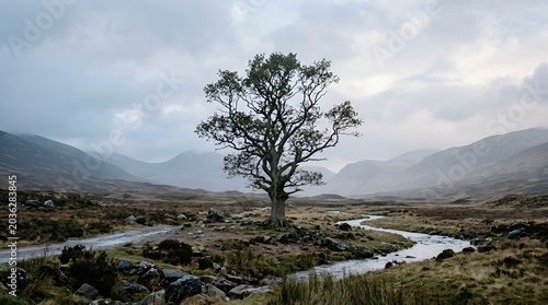 Solitary tree in dramatic Scottish landscape with winding river and misty mountains