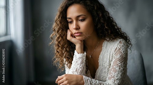 Young Woman with Curly Hair, Pensive Expression, Sitting Indoors