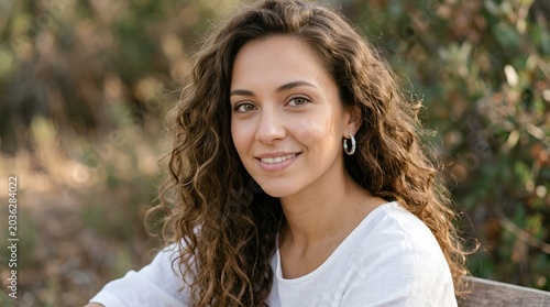 Young woman with curly hair smiling outdoors, natural light, portrait photography
