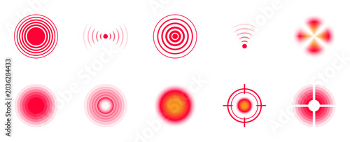 Red Pain Point Signal Icons Set — Circle Radial Wave Target Symbols Vector on White Background